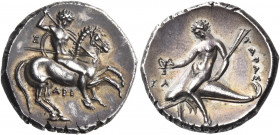 CALABRIA. Tarentum. Circa 315-302 BC. Nomos (Silver, 21 mm, 7.95 g, 6 h), struck under the magistrates Ari..., Ch..., and Kl... Nude horseman gallopin...