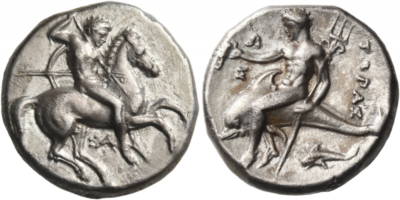 CALABRIA. Tarentum. Circa 315-300 BC. Nomos (Silver, 20 mm, 7.85 g, 12 h), under...