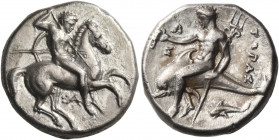 CALABRIA. Tarentum. Circa 315-300 BC. Nomos (Silver, 20 mm, 7.85 g, 12 h), under the magistrates Sa... and Os.... Nude, helmeted warrior on horseback ...