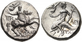 CALABRIA. Tarentum. Circa 240-228 BC. Nomos (Silver, 19.5 mm, 6.48 g, 2 h), struck under the magistrates Kallikrates, Epikr... and Ne.... Bareheaded, ...