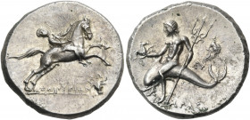 CALABRIA. Tarentum. Circa 240-228 BC. Stater (Silver, 21 mm, 6.56 g, 5 h), struck under the magistrates Zopyrion, So.. and Ep... Rider, on horse sprin...