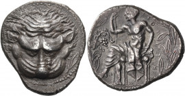BRUTTIUM. Rhegion. Circa 425-420 BC. Tetradrachm (Silver, 25x29 mm, 16.87 g). Lion’s mask facing; to right, olive sprig. Rev. ΡΗΓ−Ι−ΝΟΣ ( retrograde )...