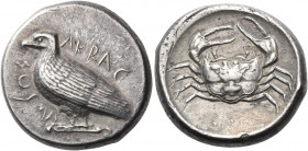 SICILY. Akragas. Circa 465/4-446 BC. Tetradrachm (Silver, 25.0 mm, 17.27 g, 10 h). AKRAC - ANTOΣ ( partially retrograde ) Eagle standing to left on an...