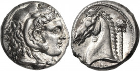 SICILY. Entella. Punic issues, circa 300-289 BC. Tetradrachm (Silver, 25 mm, 17.04 g, 12 h). Head of Herakles to right, wearing lion's skin headdress....
