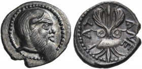 SICILY. Katane. Circa 464-450 BC. Litra (Silver, 12 mm, 0.70 g, 2 h). Bald and bearded head of Silenos to right. Rev. KAT-ANE Thunderbolt with wings a...