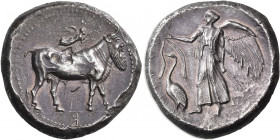 SICILY. Katane. Circa 461-450 BC. Tetradrachm (Silver, 26 mm, 16.92 g, 8 h). Man-headed bull, the river god Amenanos, walking to right; above, Nike fl...