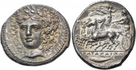SICILY. Katane. Circa 405-403/2 BC. Tetradrachm (Silver, 28 mm, 16.75 g, 3 h), signed by the engraver Herakleidas on the obverse. Laureate head of Apo...
