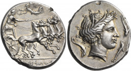 SICILY. Lilybaion - as 'Rsmlqrt = Cape of Melkart'. Circa 330-305 BC. Tetradrachm (Silver, 29 mm, 17.34 g, 6 h). RŠMLQRT ( in Punic ) Charioteer, hold...