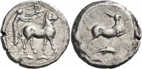SICILY. Messana. Circa 425-421 BC. Tetradrachm (Silver, 26.00 mm, 17.06 g, 2 h). The nymph Messana, wearing long chiton and holding whip in her right ...