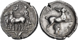 SICILY. Messana. Circa 412-408 BC. Tetradrachm (Silver, 26.0 mm, 16.98 g, 1 h). The nymph Messana, wearing chiton, standing left and holding a goad wi...