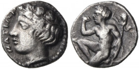 SICILY. Naxos. Circa 415-403 BC. Litra (Silver, 10.0 mm, 0.77 g, 10 h). ΝΑΞΙΩΝ Head of youthful Dionysos to left, wearing ivy wreath. Rev. Youthful Si...