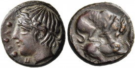 SICILY. Piakos. Circa 425-420 BC. Tetras (Bronze, 13 mm, 1.91 g, 10 h). P-I-A Horned and wreathed head of river-god to left. Rev. Hound attacking stag...