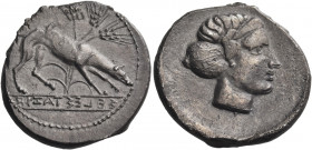 SICILY. Segesta. Circa 412/0-400 BC. Didrachm (Silver, 24 mm, 8.46 g, 1 h). ΣEΓEΣΤΑΙΟΝ (retrograde and partially inverted) Hound standing to right, wi...