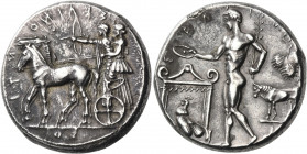 SICILY. Selinos. Circa 455-409 BC. Tetradrachm (Silver, 27 mm, 17.52 g, 8 h). ΣΕΛΙΝΟΝΤΙΟΣ ( retrograde ) Apollo and Artemis standing left in a quadrig...