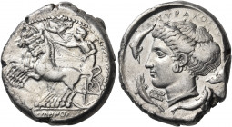 SICILY. Syracuse. Dionysios I, 405-367 BC. Tetradrachm (Silver, 26 mm, 17.19 g, 6 h), signed by the engravers Eumenes on the obverse and Eukleidas on ...