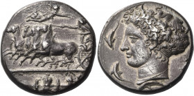 SICILY. Syracuse. Dionysios I, 405-367 BC. Dekadrachm (Silver, 34 mm, 41.09 g, 11 h), signed on both sides by Kimon, c. 405-400. Quadriga racing to le...
