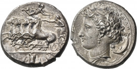 SICILY. Syracuse. Dionysios I, 405-367 BC. Dekadrachm (Silver, 37 mm, 42.57 g, 10 h), after Euainetos, circa 390. Charioteer, wearing long chiton, hol...