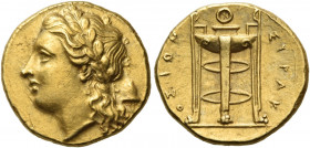 SICILY. Syracuse. Agathokles, 317-289 BC. 25 Litrai (Electrum, 15 mm, 3.59 g, 11 h), circa 310-305. Laureate head of Apollo to left; to right, behind ...
