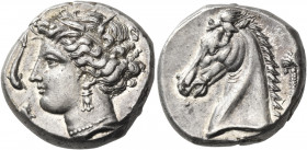 SICILY. Unlocated Punic Mint, Lilybaion or Entella. 320/315-300 BC. Tetradrachm (Silver, 24 mm, 17.24 g, 8 h). Head of Persephone to left, wearing wre...