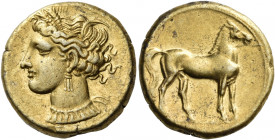 CARTHAGE. Circa 290-270 BC. Stater (Electrum, 18.5 mm, 7.44 g, 12 h). Head of Tanit to left, wearing grain wreath, triple-pendant earring and pearl ne...