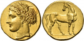 CARTHAGE. Circa 270-264 BC. Trihemistater (Gold, 23 mm, 12.52 g, 1 h). Head of Tanit to left, wearing wreath of grain ears, triple pendant earring, an...