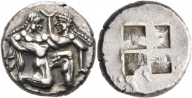 ISLANDS OFF THRACE, Thasos. Circa 500-463 BC. Stater (Silver, 21 mm, 9.94 g), c. 500-480. Ithyphallic satyr advancing to right, carrying protesting ny...