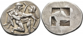 ISLANDS OFF THRACE, Thasos. Circa 500-463 BC. Stater (Silver, 25.0 mm, 9.22 g), c. 500-480. Ithyphallic satyr advancing to right, carrying protesting ...