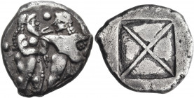 THRACO-MACEDONIAN REGION. Berge (previously Lete or Siris). Circa 525-480 BC. Stater (Silver, 23 mm, 9.23 g). Satyr standing right, grasping the right...