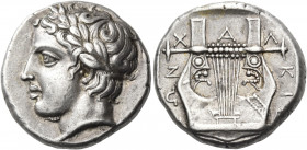 MACEDON, Chalkidian League. Olynthos. Circa 410-400 BC. Tetradrachm (Silver, 24 mm, 14.34 g, 3 h). Laureate head of Apollo to left. Rev. Χ-Α-Λ|ΚΙΔ|ΕΩΝ...