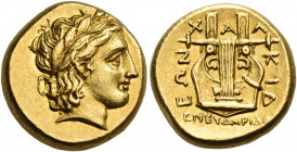 MACEDON, Chalkidian League. Olynthos. Circa 352-350 BC. Stater (Gold, 16 mm, 8.47 g, 6 h), under the magistrate Eudoridas. Laureate head of Apollo to ...