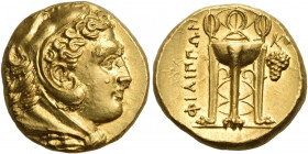 MACEDON. Philippoi. Circa 356-345 BC. Stater (Gold, 17.5 mm, 8.61 g, 9 h). Head of Herakles to right, wearing lion's skin headdress. Rev. ΦΙΛΙΠΠΩΝ Tri...