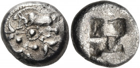 MACEDON. Stagira. Circa 530-525 BC. Stater (Silver, 19 mm, 8.19 g), the "Roses of Pangaeum" series. Wild boar moving to left above a pellet within a c...