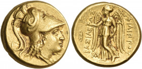 KINGS OF MACEDON. Philip III Arrhidaios, 323-317 BC. Stater (Gold, 17.5 mm, 8.59 g, 5 h), Babylon, 323-317. Head of Athena to right, wearing Corinthia...