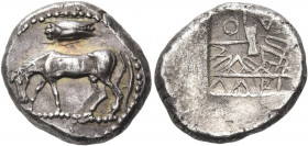 THESSALY. Larissa. Circa 479-460 BC. Drachm (Silver, 15.5 mm, 5.08 g, 12 h). Horse with head lowered, grazing to left; above, cicada to left. Rev. ΛΑΡ...