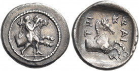 THESSALY. Trikka. Circa 440-400 BC. Hemidrachm (Silver, 16 mm, 2.75 g, 9 h). Youthful hero, Thessalos, nude but for cloak and petasos hanging over his...