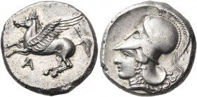 EPEIROS. Ambrakia. Circa 360-338 BC. Stater (Silver, 20.5 mm, 8.35 g, 6 h). A Pegasus flying left. Rev. Head of Athena to left, wearing Corinthian hel...