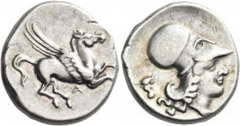AKARNANIA. Alyzeia. Circa 330-280 BC. Stater (Silver, 22 mm, 8.43 g, 12 h). Pegasos flying right with straight wings; below, A. Rev. AΛYZAI-[ΩN] Head ...