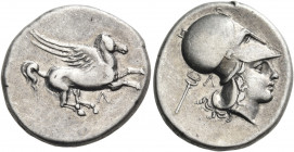 AKARNANIA. Leukas. Circa 350-320 BC. Stater (Silver, 22 mm, 8.38 g, 10 h). Pegasus with straight wings flying to right; below, Λ. Rev. Head of Athena ...