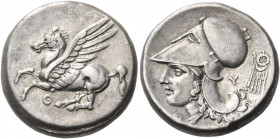AKARNANIA. Thyrrheion. Circa 320-280 BC. Stater (Silver, 21 mm, 8.35 g, 9 h). Θ Pegasos flying left. Rev. Θ - Υ Head of Athena to left, wearing Corint...
