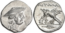 AITOLIA, Aitolian League. Circa 225-170 BC. Triobol (Silver, 16 mm, 2.52 g, 6 h). Head of Aetolia to right, wearing kausia. Rev. AITΩΛΩN Calydonian bo...