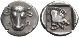PHOKIS, Federal Coinage. Circa 478-460. Obol (Silver, 10 mm, 1.01 g, 12 h). Φ - Ο Frontal bull's head. Rev. ΦΟ Boar's protome with two legs to right; ...
