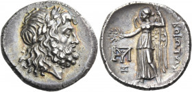 BOEOTIA, Federal Coinage. Circa 225-171 BC. Drachm (Silver, 20 mm, 4.91 g, 4 h), Thebes. Laureate head of Poseidon to right. Rev. ΒΟΙΩΤΩΝ Nike standin...