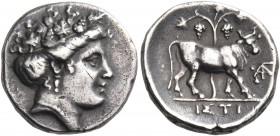 EUBOIA. Histiaia. Circa 350-300 BC. Drachm (Silver, 16 mm, 3.35 g, 12 h). Wreathed head of the nymph Histiaia to right. Rev. IΣTI Bull standing right ...