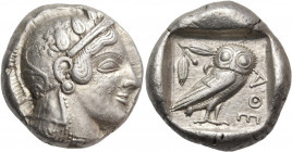 ATTICA. Athens. Circa 470-467 BC. Tetradrachm (Silver, 23.5 mm, 17.22 g, 1 h). Head of Athena to right, wearing crested Attic helmet adorned with thre...