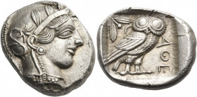 ATTICA. Athens. Circa 440s-430s BC. Tetradrachm (Silver, 25 mm, 17.22 g, 3 h). Head of Athena to right, wearing crested Attic helmet adorned with thre...