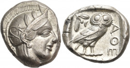ATTICA. Athens. Circa 430s-420s BC. Tetradrachm (Silver, 25 mm, 17.23 g, 9 h). Head of Athena to right, wearing crested Attic helmet adorned with thre...