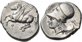 CORINTHIA. Corinth. Circa 345-300 BC. Stater (Silver, 21 mm, 8.60 g, 11 h). Pegasos, with pointed wing, flying to left; below, Ϙ. Rev. I Head of Aphro...
