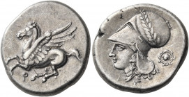 CORINTHIA. Corinth. Mid 4th century BC. Stater (Silver, 22 mm, 8.51 g, 10 h). Pegasos, with pointed wing, flying to left; below, Ϙ. Rev. Α - Ρ Head of...
