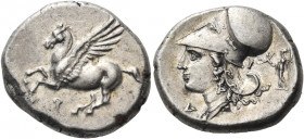 CORINTHIA. Corinth. Mid 4th century BC. Stater (Silver, 21 mm, 8.61 g, 10 h). Pegasos, with pointed wing, flying to left; below, Ϙ. Rev. Δ-I Head of A...