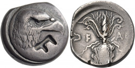 ELIS. Olympia. 95th Olympiad, 400 BC. Stater (Silver, 22 mm, 12.04 g, 4 h). Eagle’s head and neck to right on round shield with raised rim; below, lar...